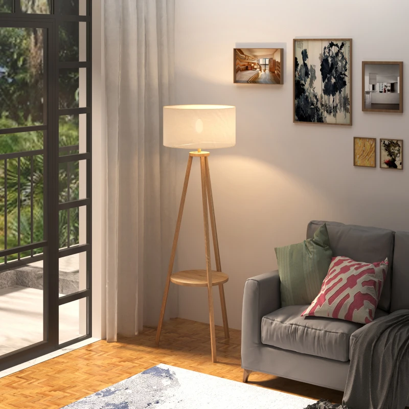 HOMCOM Lampada da Terra con Ripiano Intermedio Paralume in Lino Interruttore a Pedale Risparmio Energetico Altezza 154cm, Legno, 50x50x154 cm
