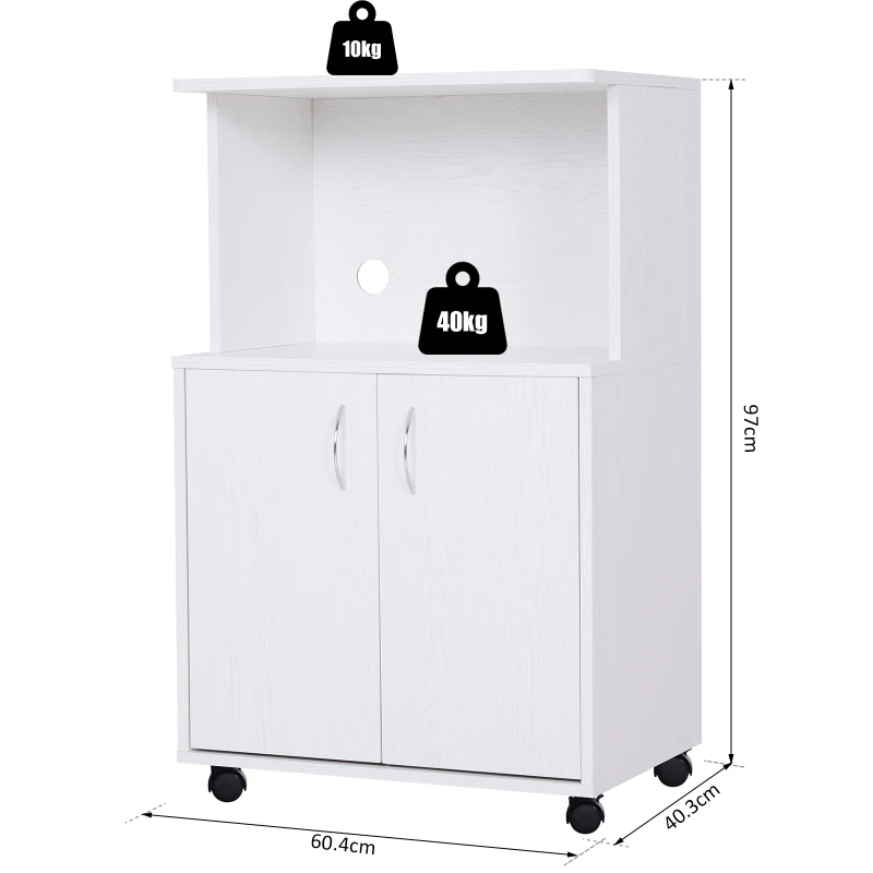 HOMCOM Rolling Kitchen Trolley Microwave Cart 2-Door Cabinet Storage Shelves w/ Wheels White
