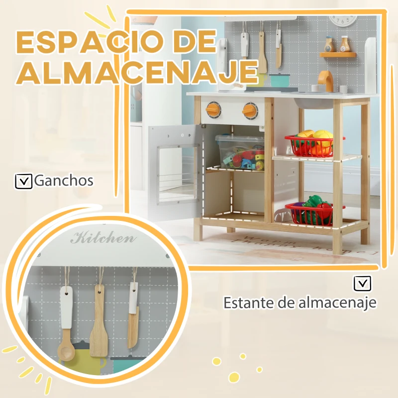 AIYAPLAY Cocinita Infantil Cocinita de Madera Infantil con Sonido Fogón Horno Grifo Fregadero y Accesorios de Cocina Gris