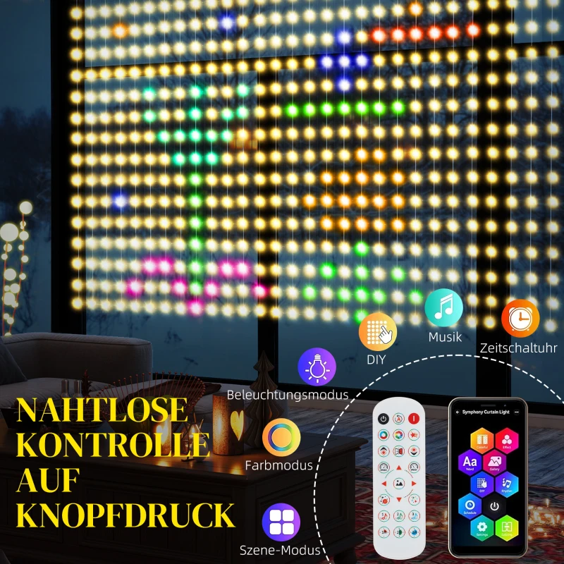 HOMCOM Vorhang mit 400 LED-Lichtern, Dynamische Lichterketten mit Musiksynchronisation für Schlafzimmer, Wohnzimmer, 3 x 3 m(m-5)
