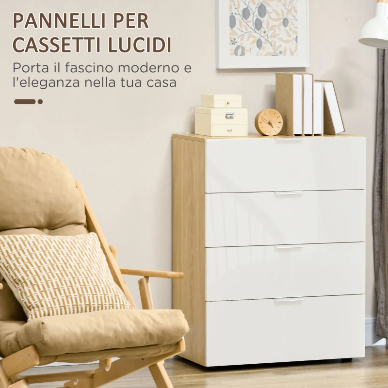 HOMCOM Cassettiera con 4 Cassetti per Soggiorno e Camera da Letto con Maniglie in Lega di Alluminio, 70x35x92cm, Bianco