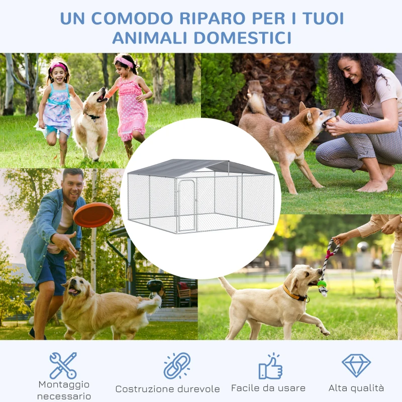 PawHut Kennel per Cani in Metallo con Tettuccio in Tessuto Oxford e Porta con Blocco, 4x4x2.3m