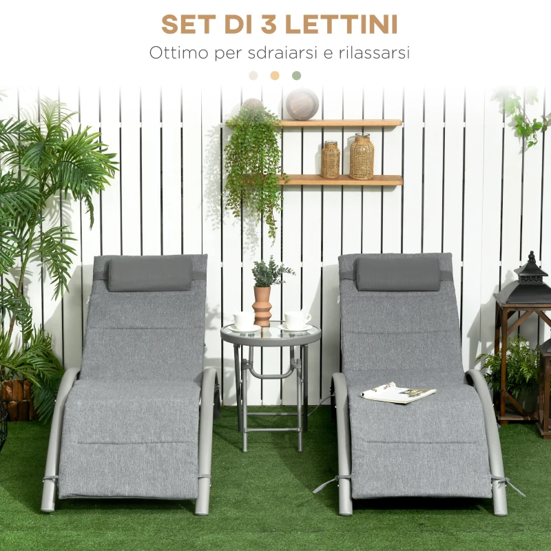 Outsunny Set 2 Lettini Prendisole Reclinabili su 4 Livelli e Tavolino Pieghevole, Grigio