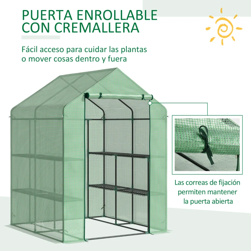 Outsunny Invernadero de Jardín Tipo Caseta Invernadero de Exterior con 2 Niveles 4 Estantes Puerta Enrollable Marco de Acero y Cubierta de PE 140g/㎡ para Cultivos Plantas Macetas 143x138x190 cm Verde