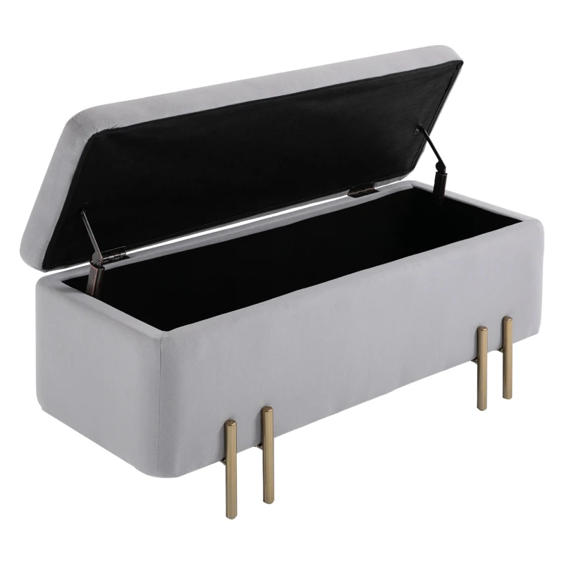 HOMCOM Baúl de Almacenaje para Dormitorio 70L Tapizado en Terciopelo con Patas de Metal 100x40x42 cm Gris Claro