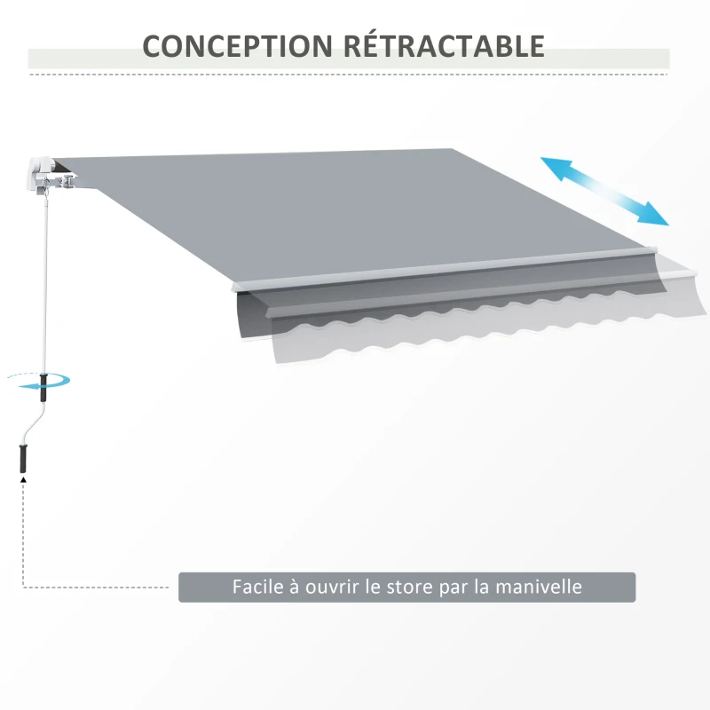 Outsunny Store banne manuel rétractable 395 x 245 cm store exterieur terrasse avec manivelle, angle réglable 45°-85°, aluminium et polyester 280 g/m², protection UV, auvent de terrasse, gris