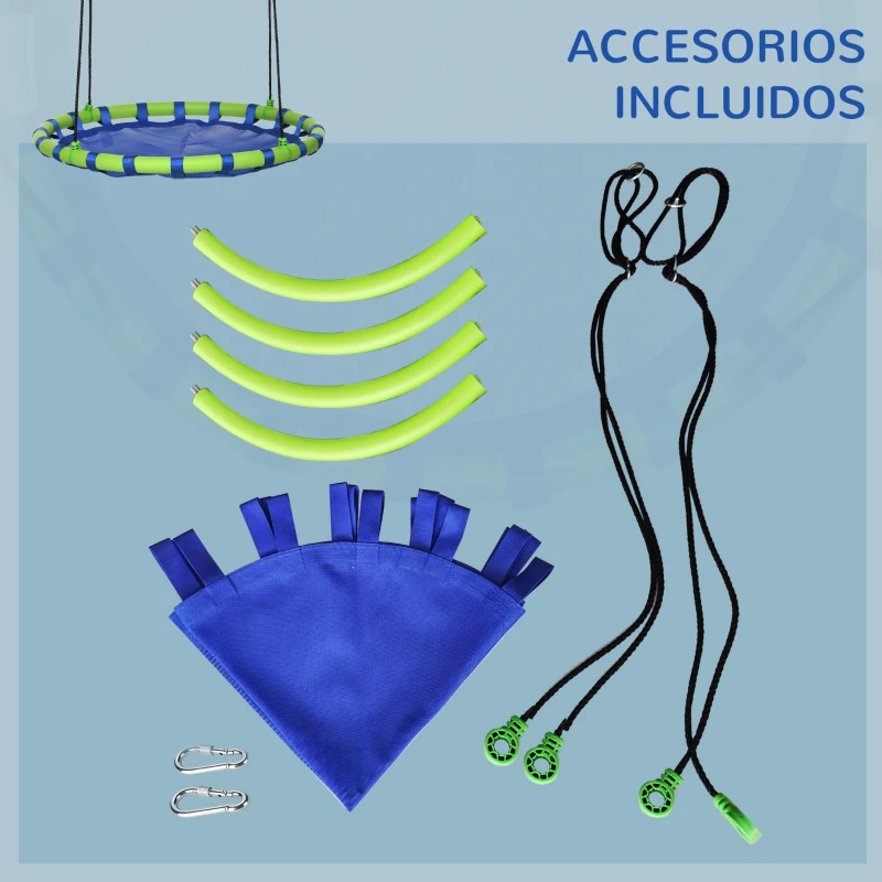 Outsunny Columpio Infantil Nido con Altura Ajustable Columpio Redondo de Árbol para +3 Años Ø100x120-180 cm Azul y Verde