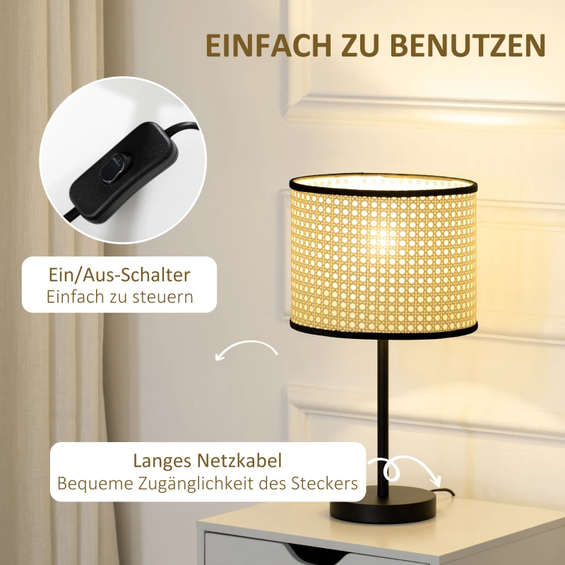 HOMCOM Tischleuchte im Vintage-Design, Lampenschirm aus Rattan, 25 cm x 25 cm x 47 cm, Natur + Schwarz