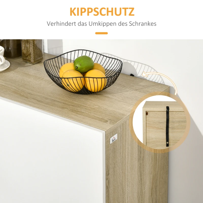 HOMCOM Sideboard, Schrank, 4 Fächer, versteckte Griffleisten, Kippschutz, Holz+Stahl, weiß+natur, 100 x 41,5 x 107cm