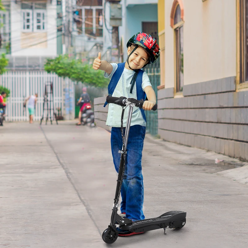 HOMCOM Patinete Eléctrico para Niños de +7 Años Scooter Plegable con Altura Ajustable Batería Recargable 24V Velocidad hasta 12 km/h y Freno Carga 50 kg 74x36x82,5-92,5 cm Negro