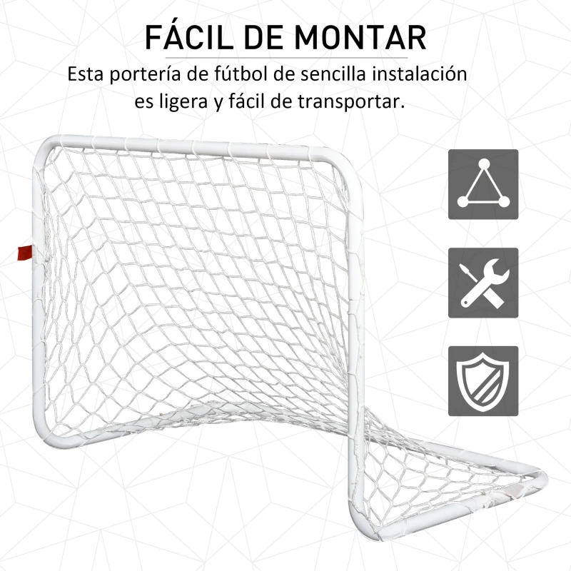 HOMCOM Set de 2 Porterías de Fútbol con Red y Balón para Niños y Adultos Juguete Deportivo para Exterior Jardín Acero y Poliéster 78x46x56 cm Blanco