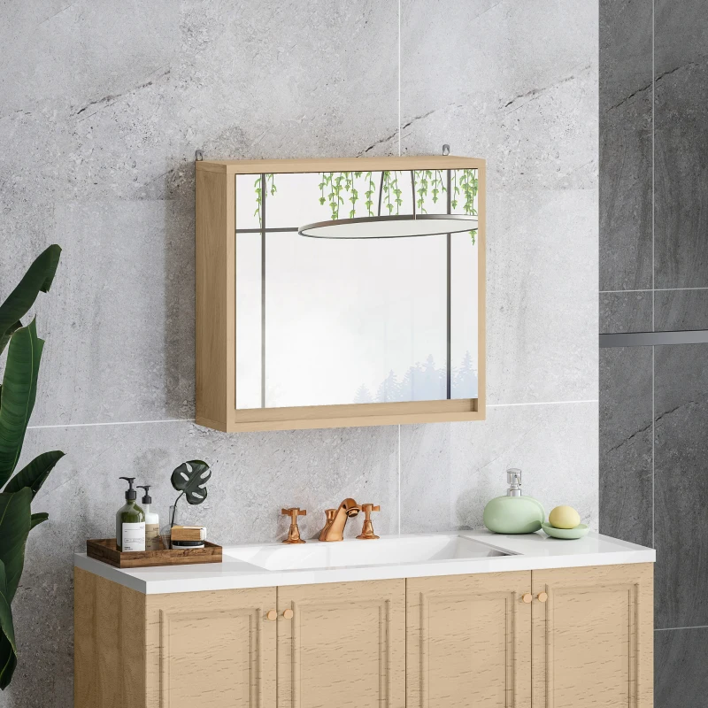 HOMCOM Armario de Baño con Espejo con 2 Puertas y Balda Ajustable Mueble Colgante de Estilo Moderno 48x14,5x45cm Natural(m-6)