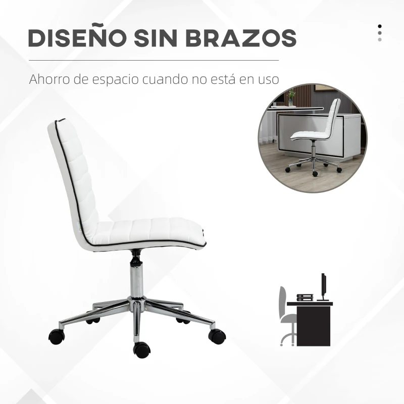 Vinsetto Silla de Oficina Sin Reposabrazos con Altura Ajustable Respaldo Tapizado en Piel Sintética 47x57x76,5-86,5 cm Blanco