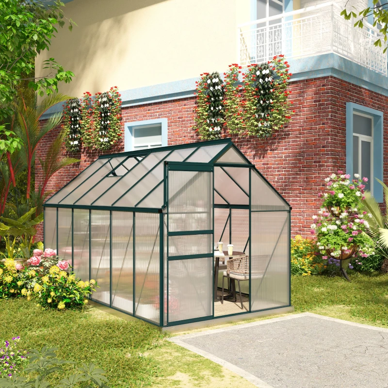 Outsunny Serra da Giardino in Policarbonato 190x375x199cm, con Finestra Apribile e Porta Scorrevole, Struttura in Alluminio, Verde
