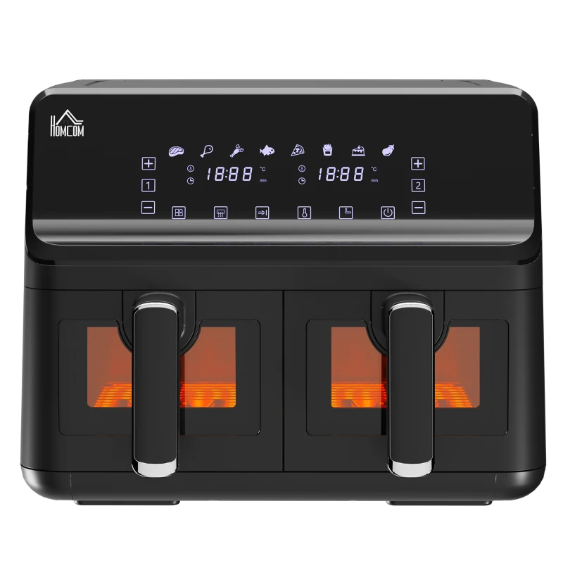 HOMCOM Freidora sin Aceite Doble 8L 2500W 8 Programas Pantalla LED Táctil Temperatura Ajustable 80-200℃ 38,5x38x30,5 cm Negro