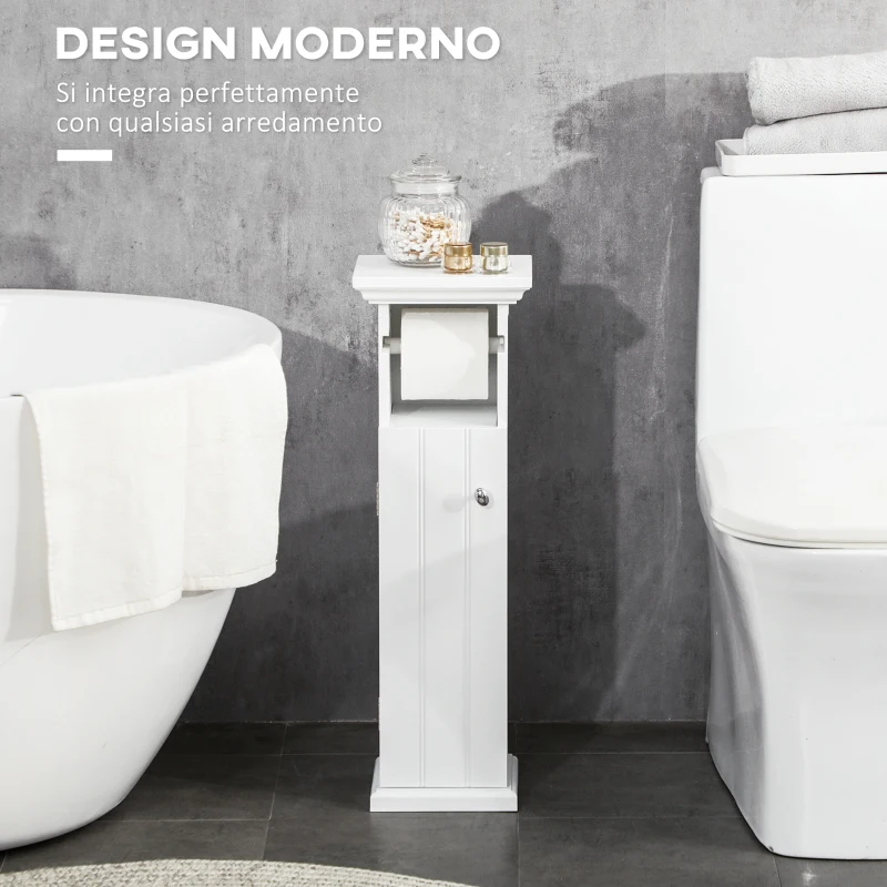 kleankin Mobile Bagno con Porta Carta Igienica e Armadietto in Legno MDF, 21.5x17.8x66.5cm, Bianco