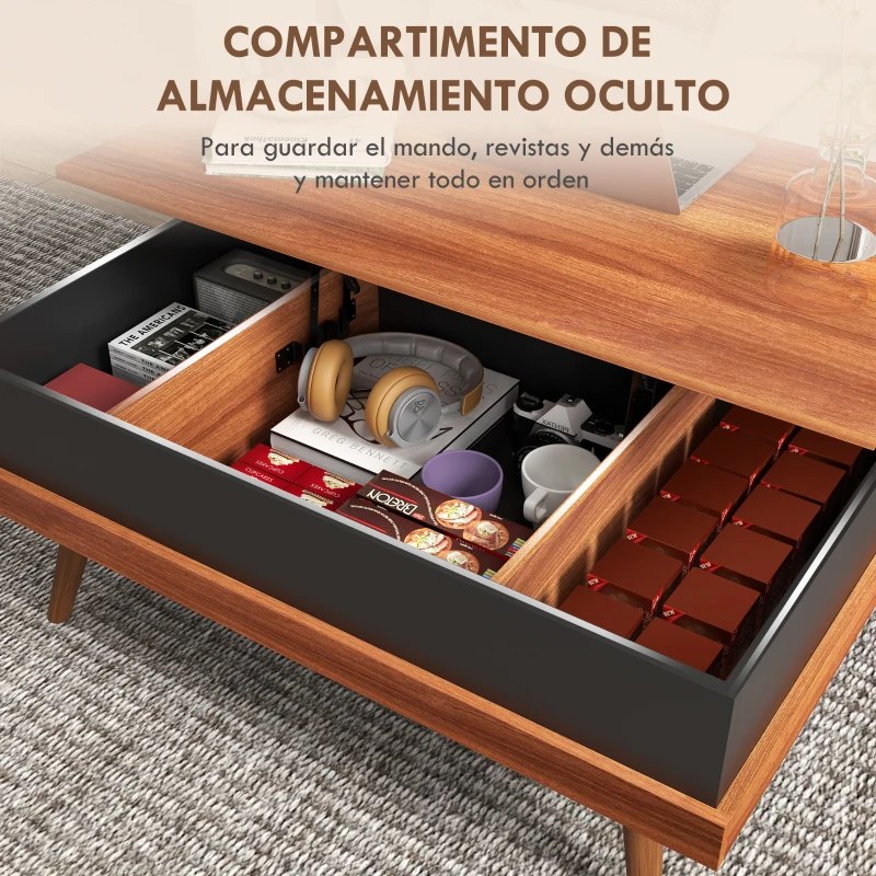 HOMCOM Mesa de Centro Elevable con 3 Compartimientos de Almacenaje Ocultos y Patas de Madera 100x79x54 cm Marrón y Negro(m-5)