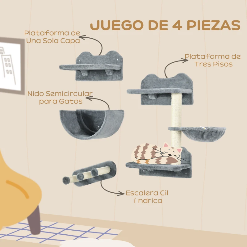 PawHut Juego de Escalada para Gatos de Pared Estantes para Gatos 4 Piezas Hamaca Nido Plataformas para Saltar Gris
