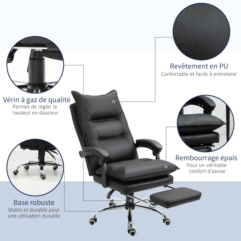 Vinsetto Fauteuil de bureau, chaise bureau ergonomique en similicuir avec large assise rembourrée, dossier inclinable, hauteur réglable, accoudoirs et repose-pied intégrés, charge 135 Kg, noir