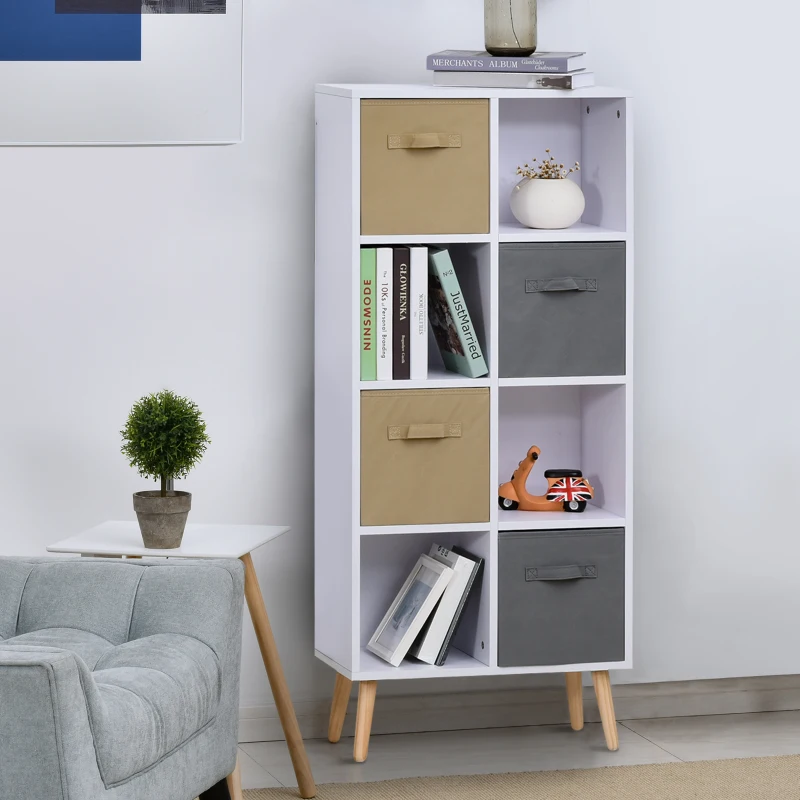 HOMCOM Biblliothèque étagère scandinave 4 niches 4 paniers tissu kaki gris pieds effilés bois pin panneaux particules blanc