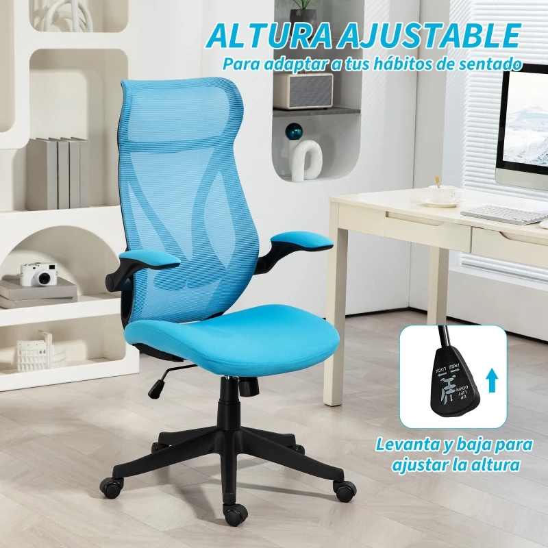 HOMCOM Silla de Oficina Giratoria con Altura Ajustable Reposabrazos Abatibles y Función de Basculante Carga 120 kg Azul Claro