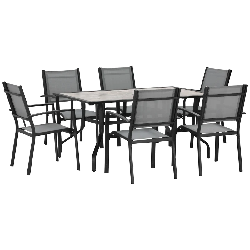 Outsunny 7 Pieces Garden Dining Set, 6 Seater Garden Table and Chairs with Parasol Hole, Outdoor Furniture Armchairs and Stone-like Plastic Top Table with Breathable Mesh Fabric Seat, Grey