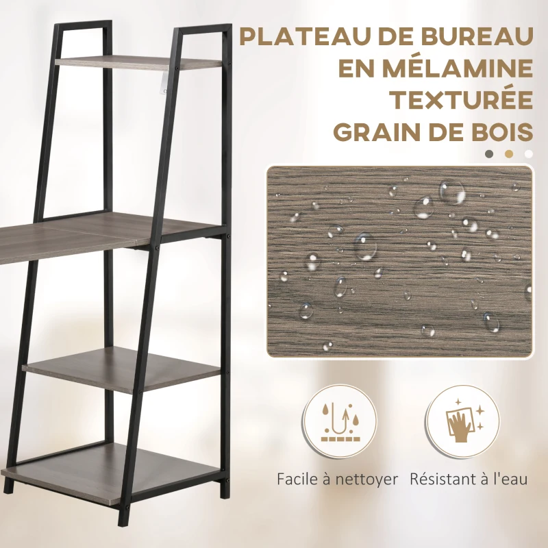 HOMCOM Bureau Pliable Rabattable - Bureau bibliothèque 2 en 1-4 étagères - Bois gris métal noir