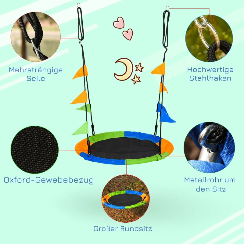 Outsunny Ø100 cm Nestschaukel Tellerschaukel Kinderschaukel Gartenschaukel bis 80 kg Outdoor belastbar für 3+ Jahre Metall Polyester Blau+Grün+Orange