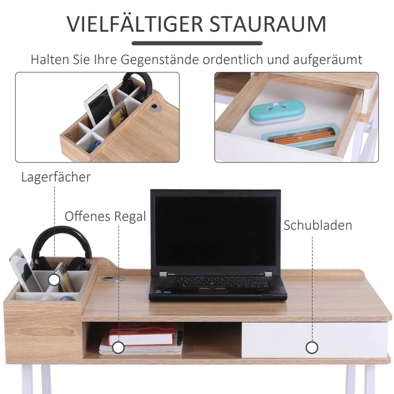 HOMCOM Schreibtisch Computertisch Bürotisch Arbeitstisch PC Tisch vielseitig verwendbar mit sechs Ablagefächern Schublade Breite Tischplatte für Arbeitszimmer Büro und Wohheim Natur 100 x 55 x 81,5 cm
