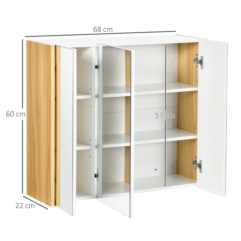 kleankin Armoire miroir salle de bain armoire de toilette miroir 3 portes 4 étagères réglables 68 x 22 x 60 cm blanc