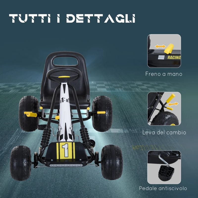 HOMCOM Go-Kart a Pedali per Bambini con Sedile Regolabile, Freno e Frizione, 95x66.5x57cm, Bianco Nero