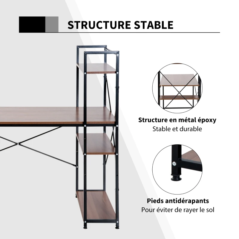 HOMCOM Bureau d'angle avec rangement design Industriel avec bibliothèque 3 étagères panneaux particules aspect noyer métal noir