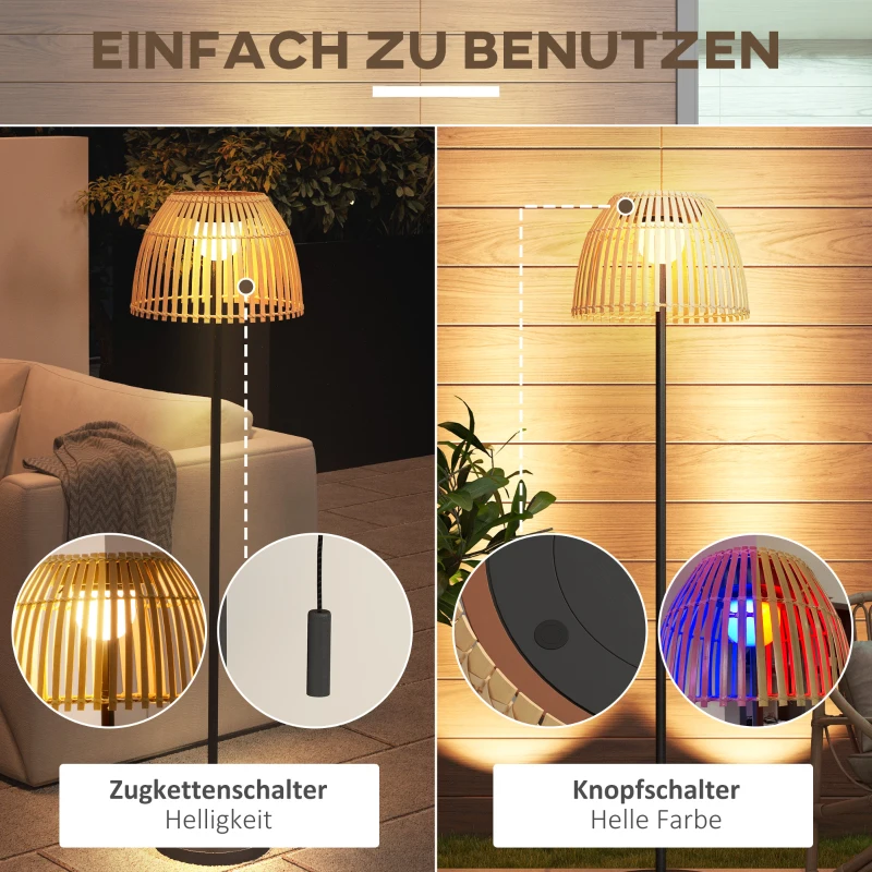 Outsunny Solarlampe, dimmbar, warmweißes Licht, Metallrahmen, Bambus-Schirm, Ø39 x 153 cm, Schwarz/Natur