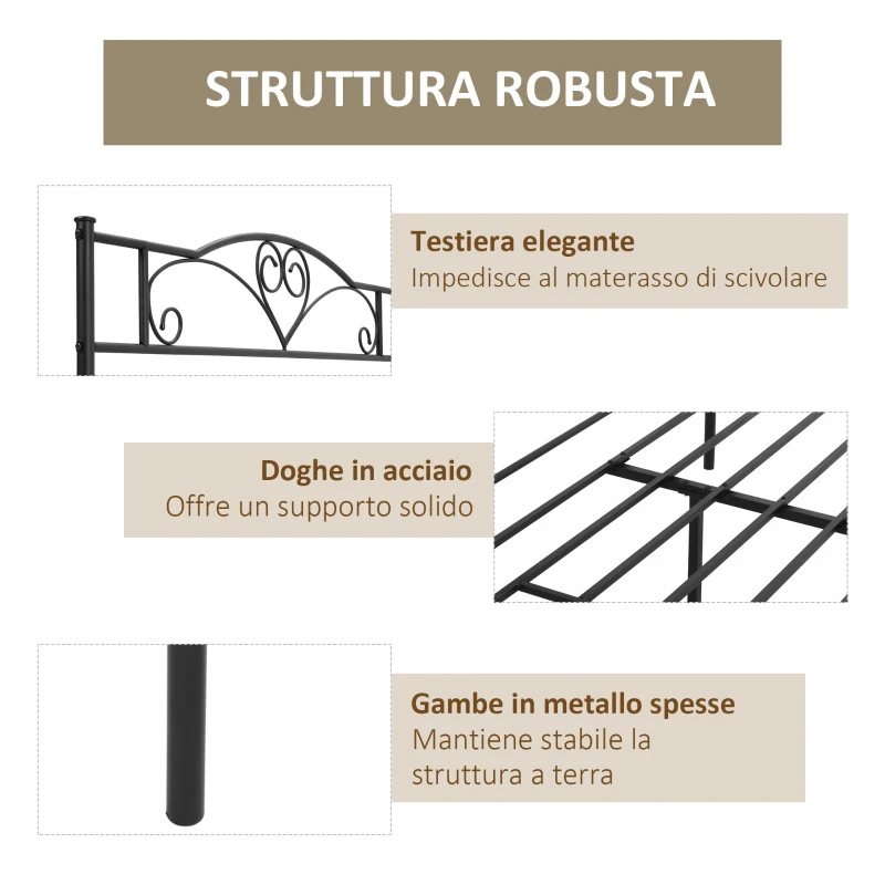 HOMCOM Struttura Letto Una Piazza e Mezza in Acciaio con Doghe Integrate, Testiera e Pediera, 140x200cm