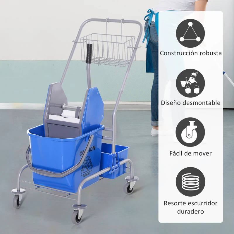 HOMCOM Carro de Limpieza Profesional con Cubo de Fregado Extraíble de 25 Litros y Escurridor de Prensa 72x49,5x95 cm Azul