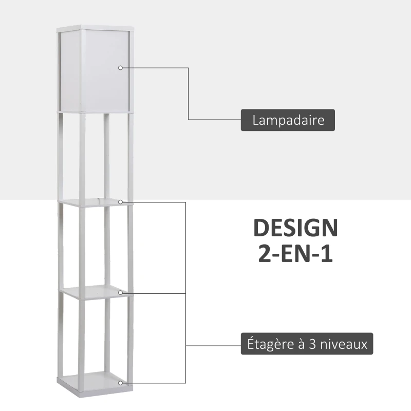 HOMCOM Lampadaire étagère Lampe étagère 26L x 26l x 160H cm 3 étagères 4 Niveaux MDF Blanc