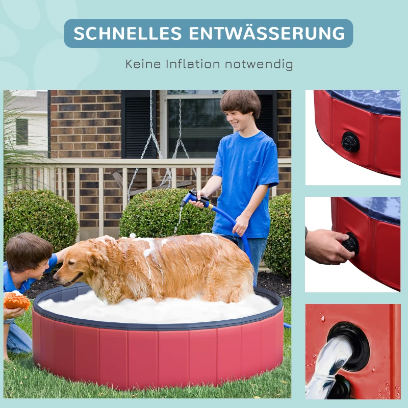 PawHut Hundebadewanne faltbar Badewanne Hundepool Plantschbecken Swimmingpool Wasserbecken für Hunde und Katzen Schwimmbecken Kunststoff+Holz Rot Ø140 x H30 cm