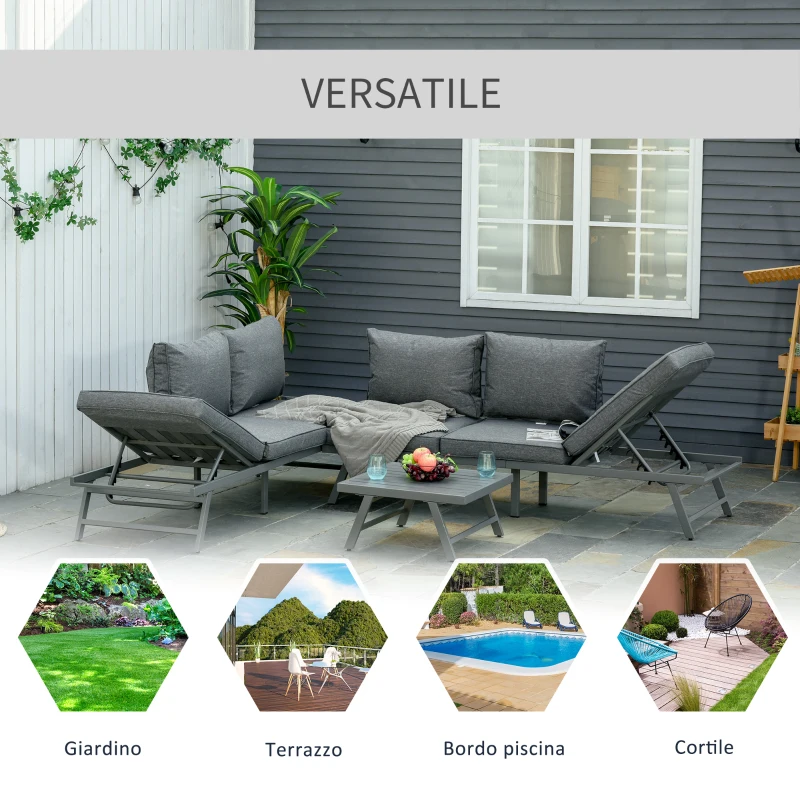 Outsunny Set con 2 Divani da Esterno con Schienale Reclinabile e 1 Tavolino da Giardino, Metallo e Poliestere, Grigio