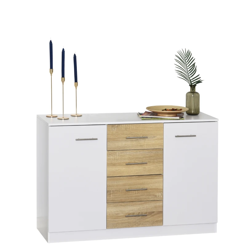 HOMCOM Buffet commode meuble de rangement 4 tiroirs coulissants 2 placards avec étagère blanc chêne clair
