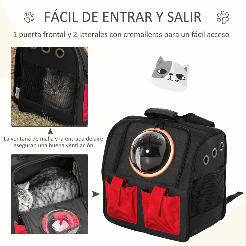 PawHut Transportín Mochila para Gatos Perros Pequeños Plegable con Ojo de Buey Cojín Bolsillos Correa de Seguridad y Ventilaciones Tela Oxford 38x24x38 cm Negro y Rojo
