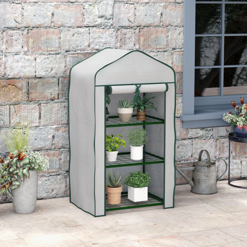 Outsunny Invernadero de Jardín con 3 Estantes 1 Puerta con Cremallera para Cultivo de Plantas 59x39x127 cm Blanco