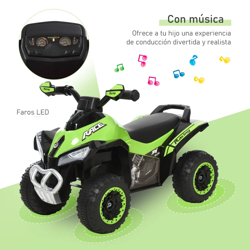 HOMCOM Cuatriciclo Infantil Tipo Quad Todoterreno con Luces Sonidos y Asiento Amplio para +18 Meses 67,5x38x44 cm Verde y Negro