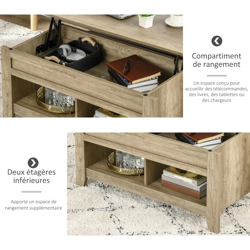 HOMCOM Table basse plateau relevable, table de salon avec étagères et compartiment caché,105 x 50 x 49-62,5 cm pour salon, chambre, aspect chêne clair