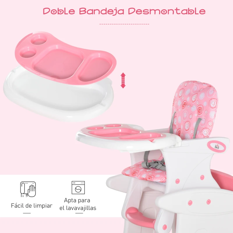 HOMCOM Trona para Bebés 2 en 1 para 6 Meses a 6 Años Transformable en Mesa y Silla Multifuncional Ajustable en 3 Posiciones Respaldo Alto Acolchado con 2 Bandejas Extraíbles 57x59x105 cm Rosa