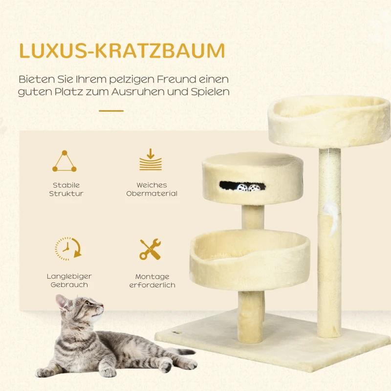 PawHut Kratzbaum für Katzen, 2 Katzenbetten, Katzenspielzeug und Kratzsäulen, 60 cm x 40 cm x 70 cm, Beige
