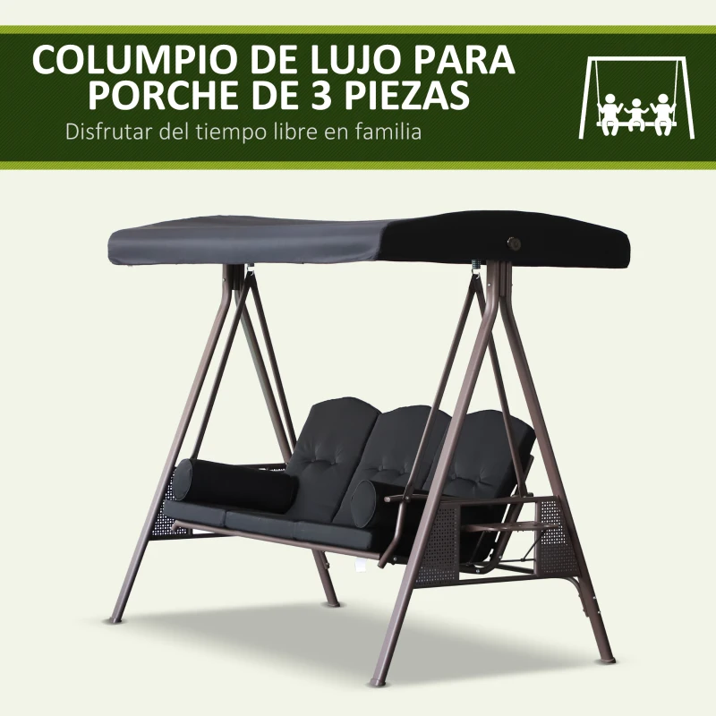 Outsunny Columpio de Jardín Exteriorde 3 Plazas con Toldo Ajustable Bandejas Laterales y 2 Almohadas 208x121x172 cm Negro
