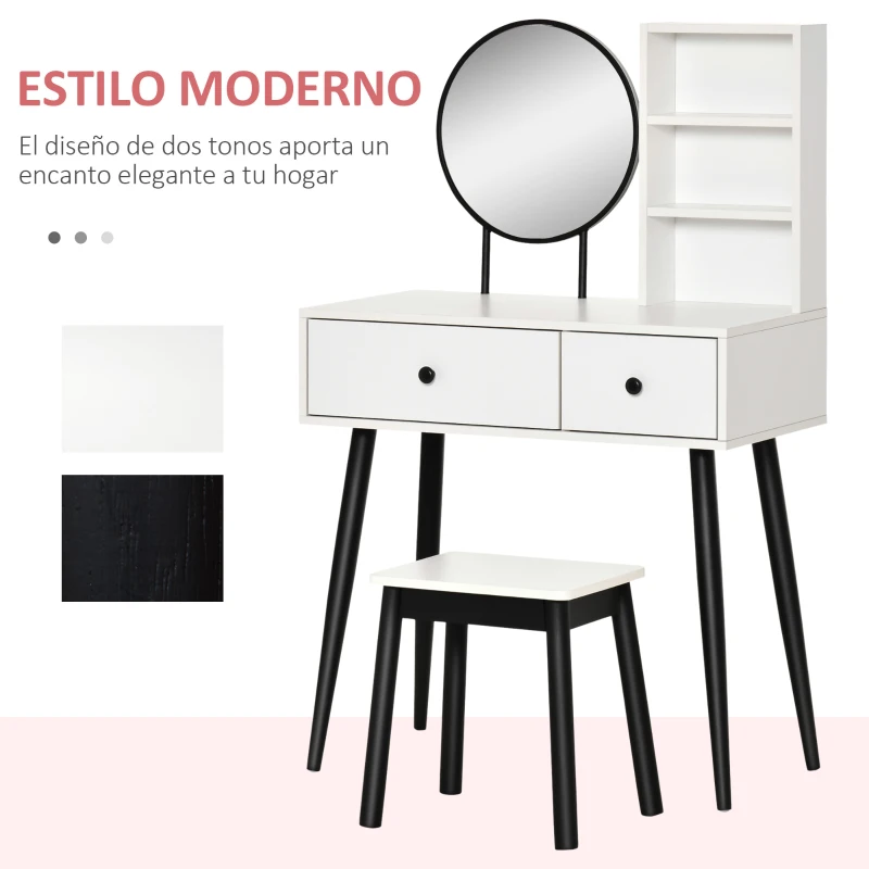 HOMCOM Juego Tocador de Maquillaje con Taburete Espejo Redondo 2 Cajones de Almacenaje y 3 Estantes Mesa de Maquillaje para Dormitorio Vestidor 80x42x131 cm Blanco