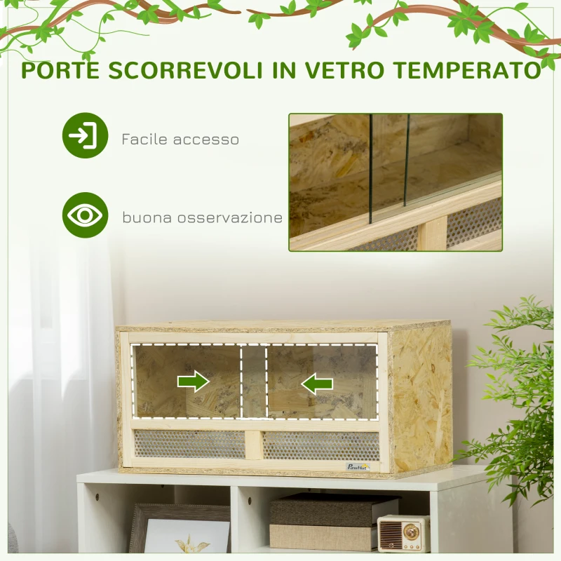PawHut Terrario per Rettili in Legno con Porte in Vetro Scorrevoli e Pannelli in Rete, 60x29.5x29.5cm