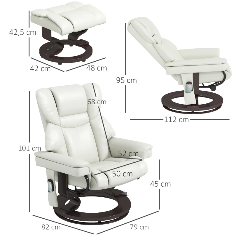 HOMCOM Relaxsessel mit Massagefunktion und Fußhocker, Liegesessel, Kunstleder, 79 x 82 x 101 cm, Cremeweiß(m-3)