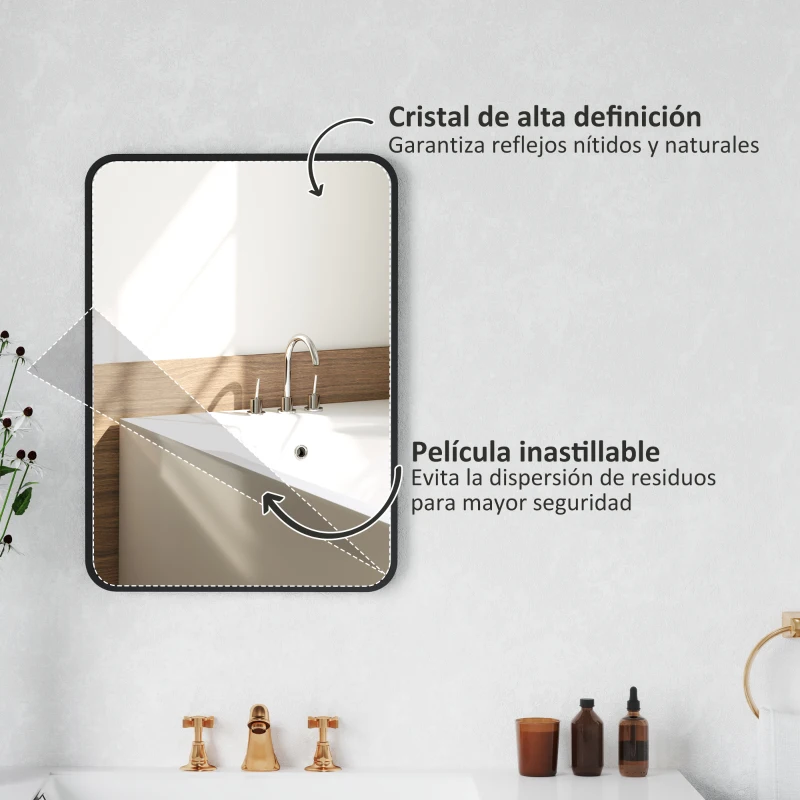 HOMCOM Espejo de Baño Rectangular con Marco Metálico Espejo Decorativo para Dormitorio Comedor o Entrada 50x70 cm Negro